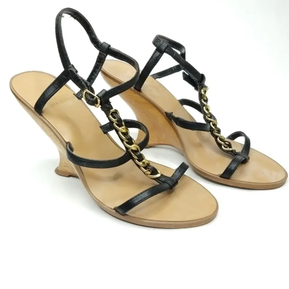 Bakers Carmela 6 M‎ Black Gold Strappy Wedges